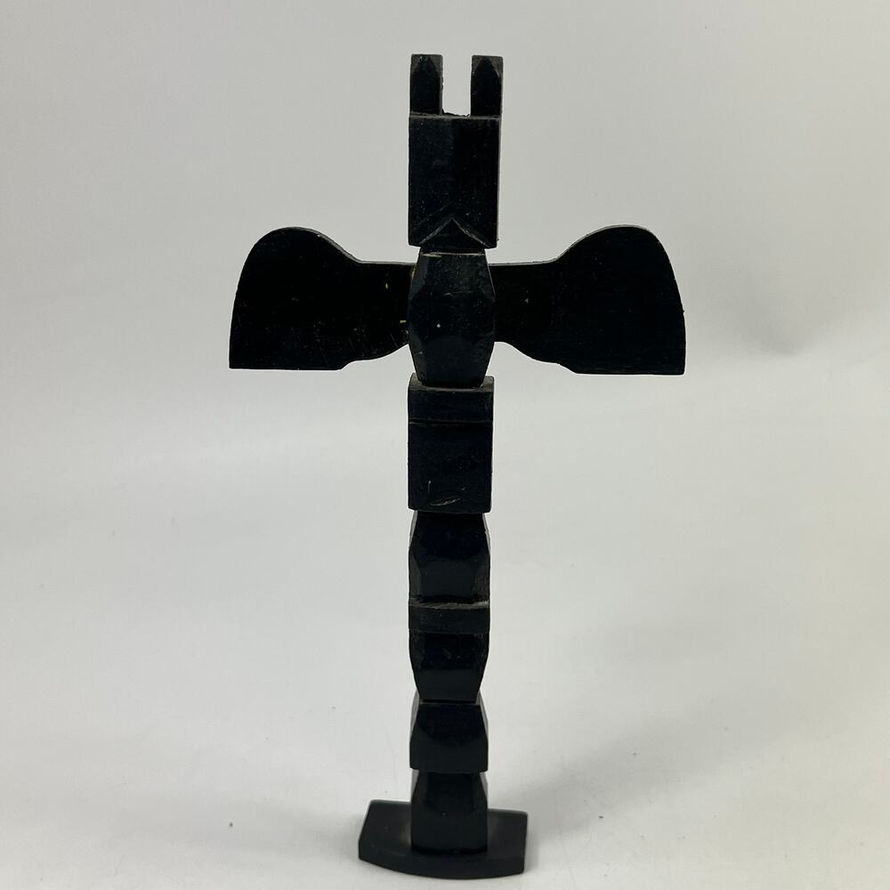 Vintage Hand Carved Wooden Totem Pole Thunderbird Rotating Wings Black Folk Art